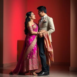 A romantic and stylish scene featuring a Thai woman wearing a vibrant Mekhela Chadar with intricate designs and high heels