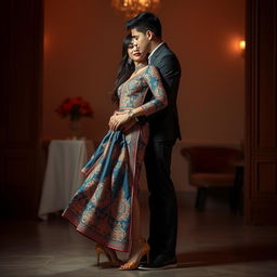 A romantic and stylish scene featuring a Thai woman wearing a vibrant Mekhela Chadar with intricate designs and high heels