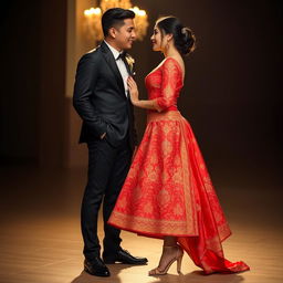 A romantic and stylish scene featuring a Thai woman wearing a vibrant Mekhela Chadar with intricate designs and high heels