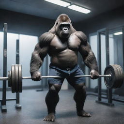 A slim, muscular, sci-fi themed gorilla lifting weights in a futuristic gym, dressed in rugby shorts.