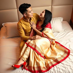 A stylish scene featuring a Thai woman and her boyfriend on a bed, creating an intimate and romantic atmosphere