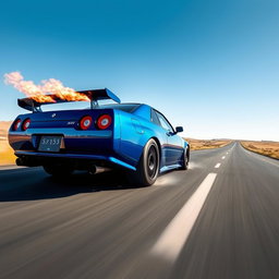 A blue Nissan Skyline driving at high speed with flames shooting out of its exhaust pipe