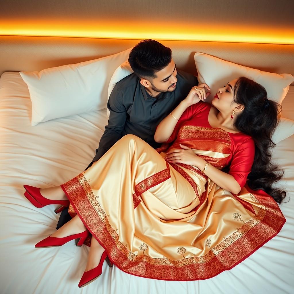 A romantic scene featuring a Thai woman and her boyfriend on a bed, exuding intimacy and passion