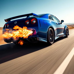 A blue Nissan Skyline driving at high speed with flames shooting out of its exhaust pipe
