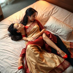 A romantic scene featuring a Thai woman and her boyfriend on a bed, exuding intimacy and passion