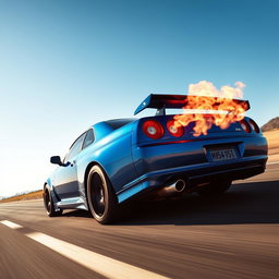 A blue Nissan Skyline driving at high speed with flames shooting out of its exhaust pipe