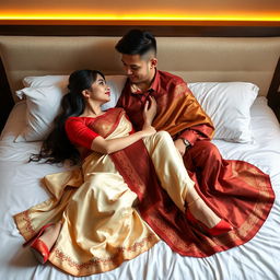 A romantic scene featuring a Thai woman and her boyfriend on a bed, exuding intimacy and passion