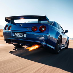A blue Nissan Skyline driving at high speed with flames shooting out of its exhaust pipe