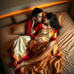 A romantic scene featuring a Thai woman and her boyfriend on a bed, exuding intimacy and passion