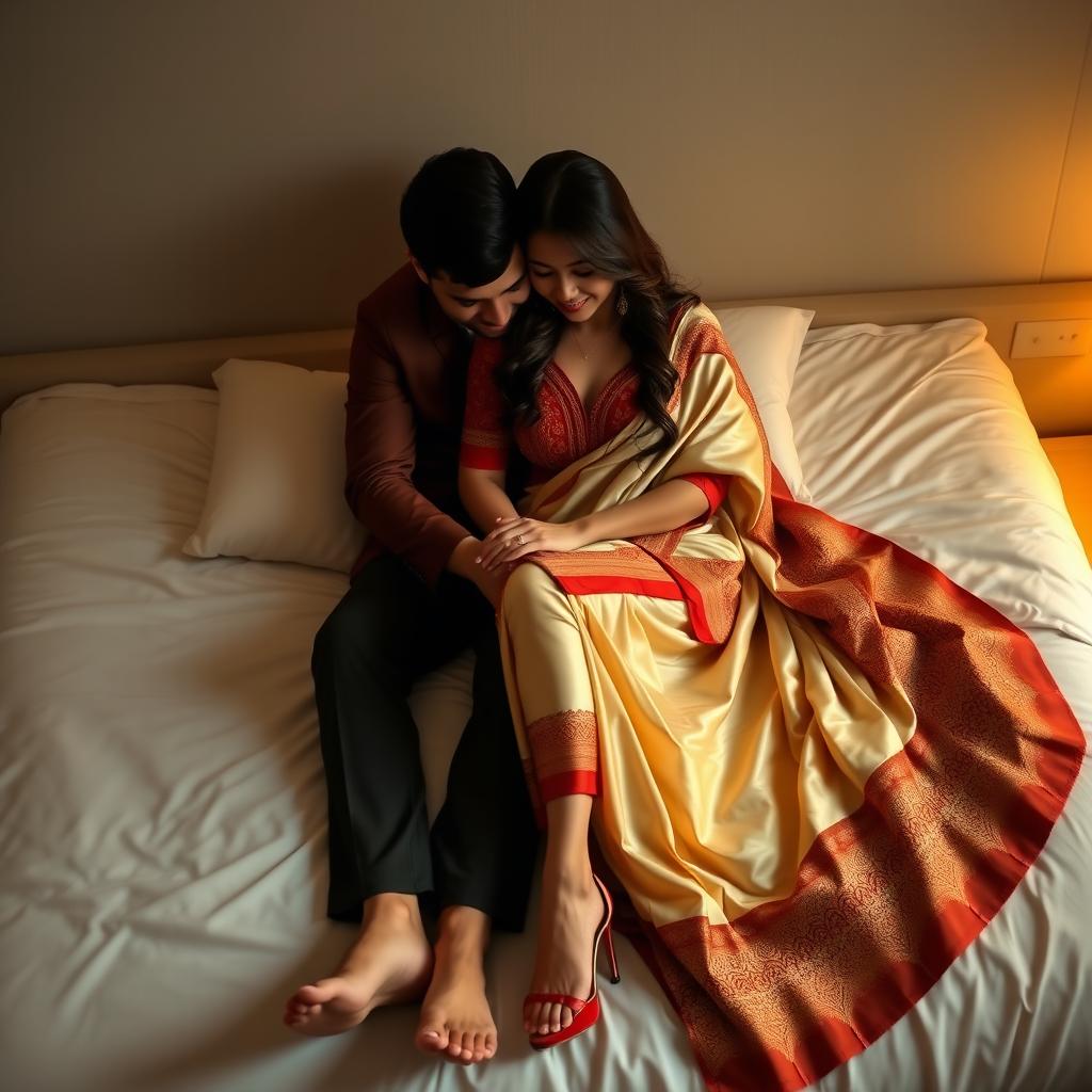 A romantic and intimate scene depicting a sexy Thai woman together with her boyfriend on a bed