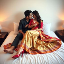 A romantic and intimate scene depicting a sexy Thai woman together with her boyfriend on a bed