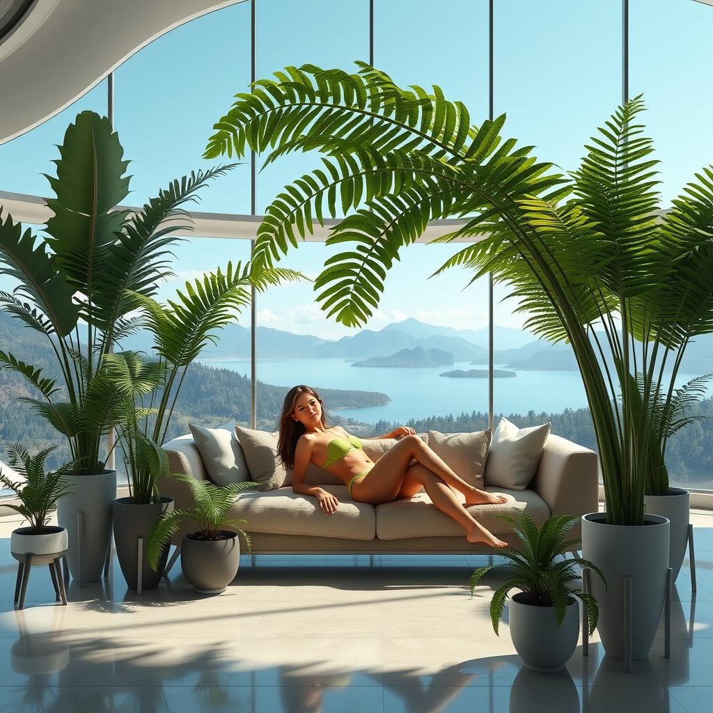 An artistic and photorealistic scene of a living room with a futuristic design, featuring large potted ferns in varied sizes and unique designs, placed on the floor and stands at different heights along the walls