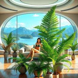 An artistic and photorealistic scene of a living room with a futuristic design, featuring large potted ferns in varied sizes and unique designs, placed on the floor and stands at different heights along the walls