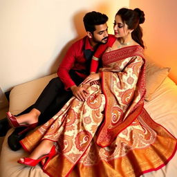 A stylish and intimate scene featuring a Thai woman and her boyfriend on a bed