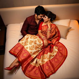 A stylish and intimate scene featuring a Thai woman and her boyfriend on a bed