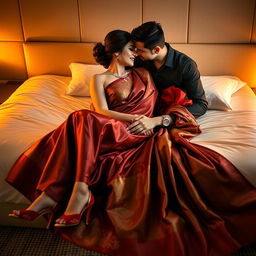 A glamorous and passionate scene featuring a sexy Thai woman with her boyfriend on a bed