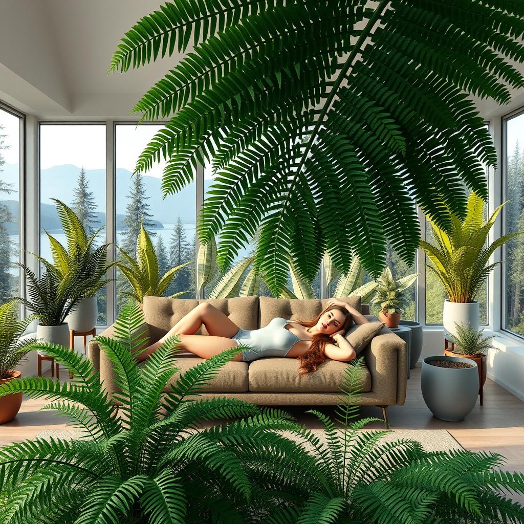 A photorealistic and artistic depiction of a living room with a modern, minimalist design, filled with large potted ferns of various sizes and designs