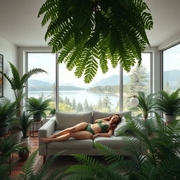 A photorealistic and artistic depiction of a living room with a modern, minimalist design, filled with large potted ferns of various sizes and designs