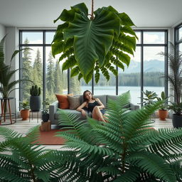 A photorealistic and artistic depiction of a living room with a modern, minimalist design, filled with large potted ferns of various sizes and designs