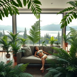 A photorealistic and artistic depiction of a living room with a modern, minimalist design, filled with large potted ferns of various sizes and designs