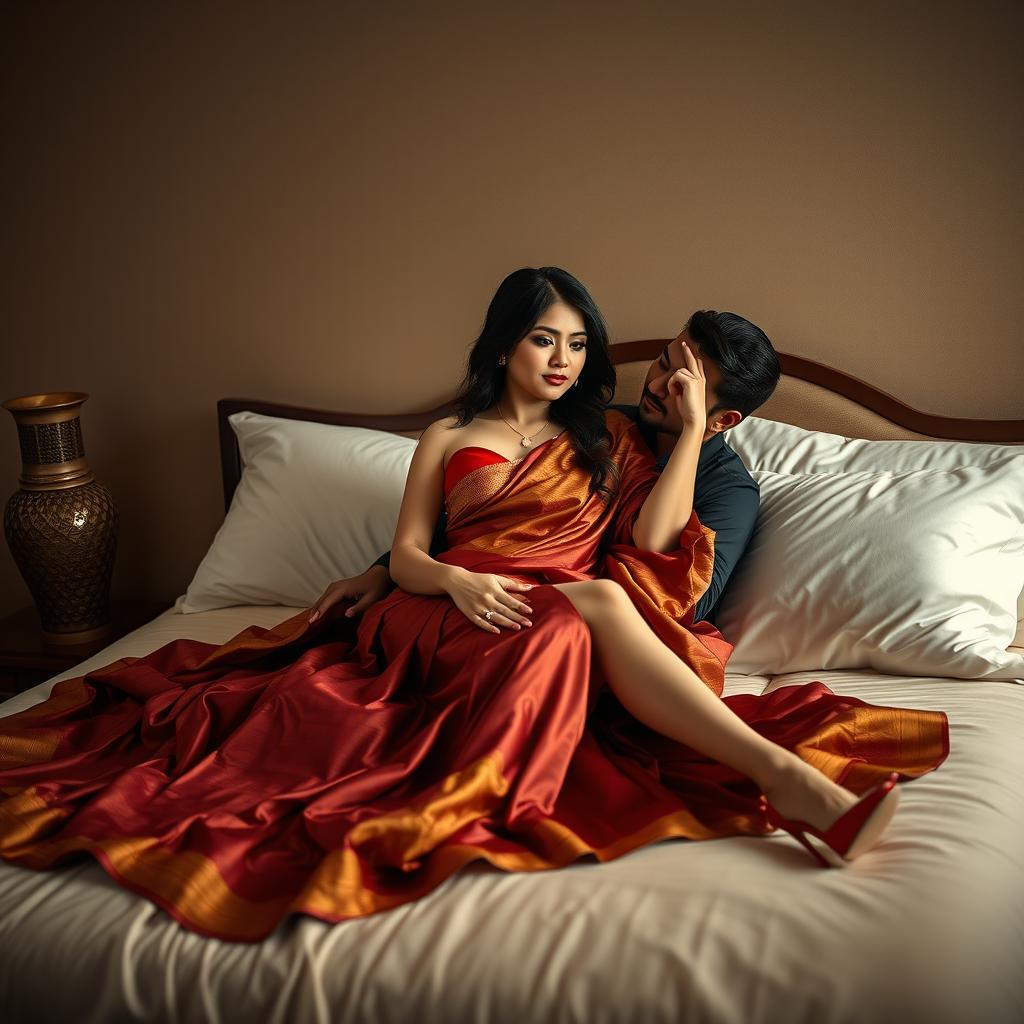 A seductive and captivating scene featuring a sexy Thai woman with her boyfriend on a bed