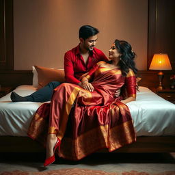 A seductive and captivating scene featuring a sexy Thai woman with her boyfriend on a bed