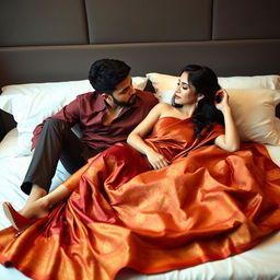 A seductive and captivating scene featuring a sexy Thai woman with her boyfriend on a bed