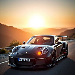 black Porsche GT2 RS with visible detailing on its sleek body, number plate reading "TN 10 BD 1011", parked on a scenic mountain road during golden hour, with subtle reflections on the car's surface highlighting its curves