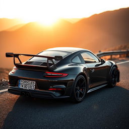 black Porsche GT2 RS with visible detailing on its sleek body, number plate reading "TN 10 BD 1011", parked on a scenic mountain road during golden hour, with subtle reflections on the car's surface highlighting its curves