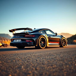 black Porsche GT2 RS with visible detailing on its sleek body, number plate reading "TN 10 BD 1011", parked on a scenic mountain road during golden hour, with subtle reflections on the car's surface highlighting its curves