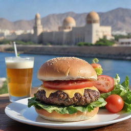 A juicy, mouth-watering burger with fresh lettuce, tomato and a perfect cheese melt, set against the backdrop of Muscat, the capital of Oman, showcasing its stunning architecture.