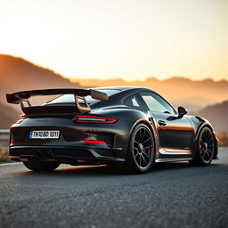 black Porsche GT2 RS with visible detailing on its sleek body, number plate reading "TN 10 BD 1011", parked on a scenic mountain road during golden hour, with subtle reflections on the car's surface highlighting its curves