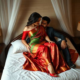 A sultry and alluring scene featuring a voluptuous Thai woman with her boyfriend on a bed