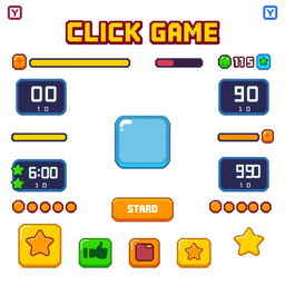 A pixel art style UI interface for a clicker game developed in Unity, set against a white background