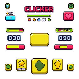 A pixel art style UI interface for a clicker game developed in Unity, set against a white background