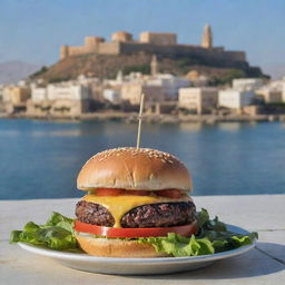 A juicy, mouth-watering burger with fresh lettuce, tomato and a perfect cheese melt, set against the backdrop of Muscat, the capital of Oman, showcasing its stunning architecture.