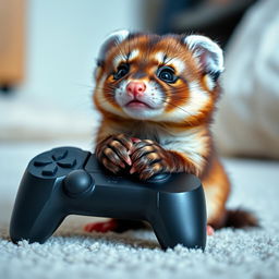 A curious mink playfully gnawing on a gamepad, positioned underneath it