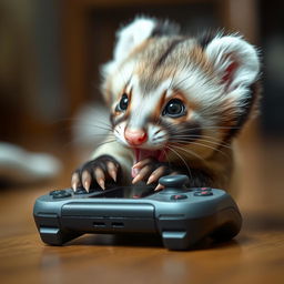 A curious mink playfully gnawing on a gamepad, positioned underneath it