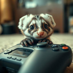 A curious mink playfully gnawing on a gamepad, positioned underneath it