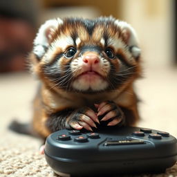 A curious mink playfully gnawing on a gamepad, positioned underneath it