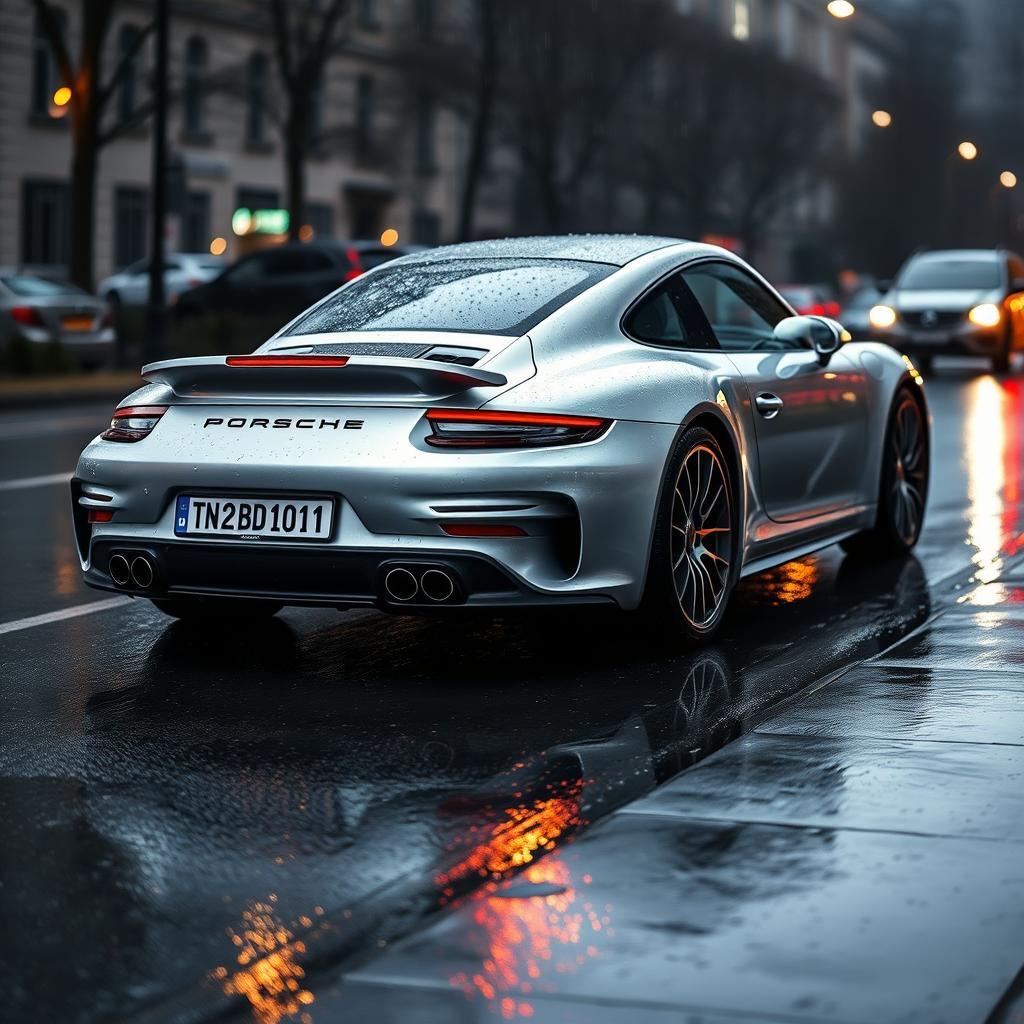 silver Porsche Turbo S with a number plate reading "TN 22 BD 1011", parked on a wet road, raindrops visible on the car's surface, reflecting the ambient city lights and giving a moody atmosphere, with puddles forming around the tires and soft reflections on the wet ground