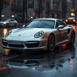 silver Porsche Turbo S with a number plate reading "TN 22 BD 1011", parked on a wet road, raindrops visible on the car's surface, reflecting the ambient city lights and giving a moody atmosphere, with puddles forming around the tires and soft reflections on the wet ground