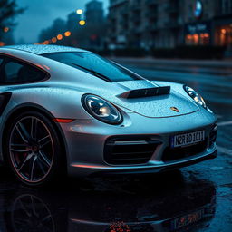 silver Porsche Turbo S with a number plate reading "TN 22 BD 1011", parked on a wet road, raindrops visible on the car's surface, reflecting the ambient city lights and giving a moody atmosphere, with puddles forming around the tires and soft reflections on the wet ground