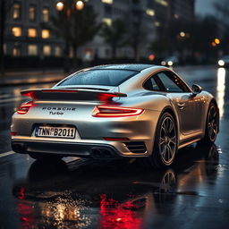 silver Porsche Turbo S with a number plate reading "TN 22 BD 1011", parked on a wet road, raindrops visible on the car's surface, reflecting the ambient city lights and giving a moody atmosphere, with puddles forming around the tires and soft reflections on the wet ground