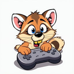 A playful cartoon scene featuring a mischievous mink gnawing on a gamepad, lying underneath it