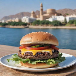 A juicy, mouth-watering burger with fresh lettuce, tomato and a perfect cheese melt, set against the backdrop of Muscat, the capital of Oman, showcasing its stunning architecture.