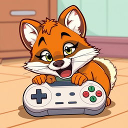 A playful cartoon scene featuring a mischievous mink gnawing on a gamepad, lying underneath it