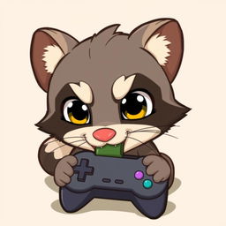 A playful cartoon scene featuring a mischievous mink gnawing on a gamepad, lying underneath it