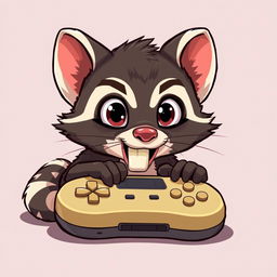 A playful cartoon scene featuring a mischievous mink gnawing on a gamepad, lying underneath it