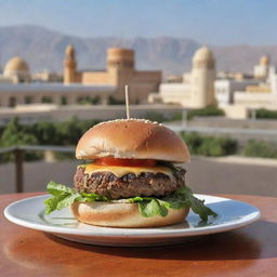 A juicy, mouth-watering burger with fresh lettuce, tomato and a perfect cheese melt, set against the backdrop of Muscat, the capital of Oman, showcasing its stunning architecture.